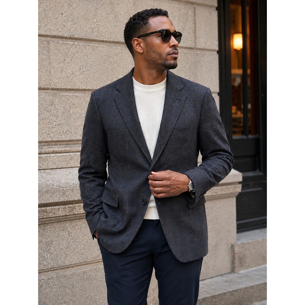 Samuelsohn Sport Jacket Coat Blazer Size 42S Grey Brown Plaid